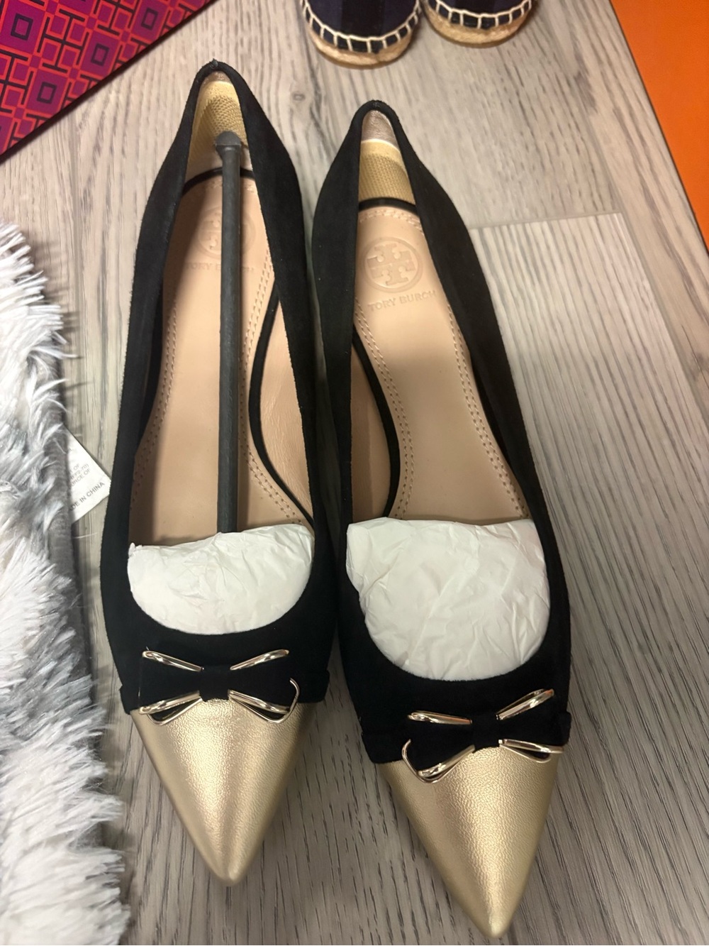 Tory Burch Black Suede Flats with Gold Pointed Toe